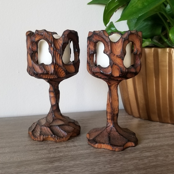 Vintage Accents Vtg Carved Torched Wood Goblet Candle Holders Poshmark